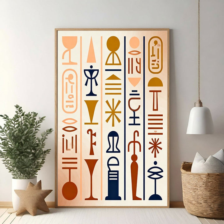 Wadi Home abstract Egyptian hieroglyphic wall art print in terracotta, ochre, and navy blue.