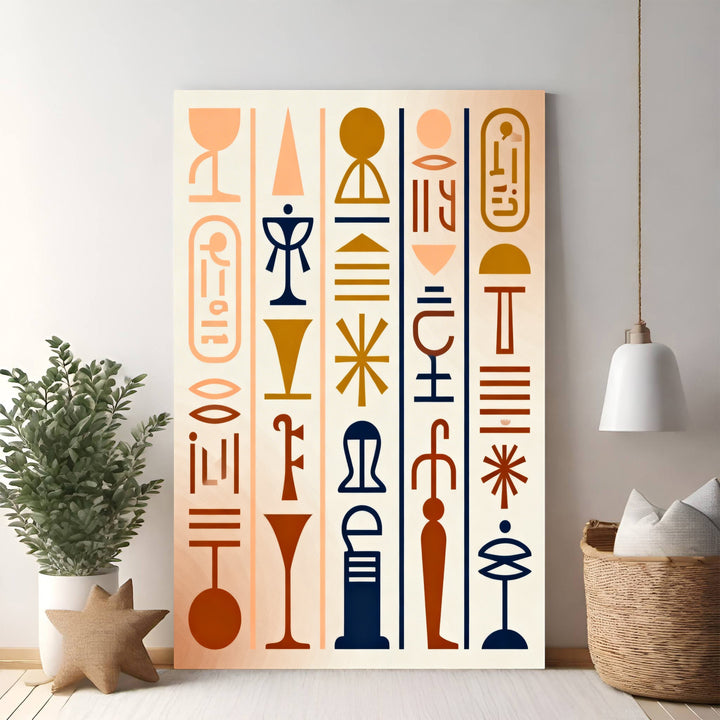 Wadi Home abstract Egyptian hieroglyphic wall art in terracotta, ochre, and navy blue. Modern design.