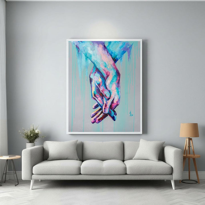 Wadi Home abstract canvas art of intertwined hands in vibrant blues, pinks, and purples with dripping paint effect.