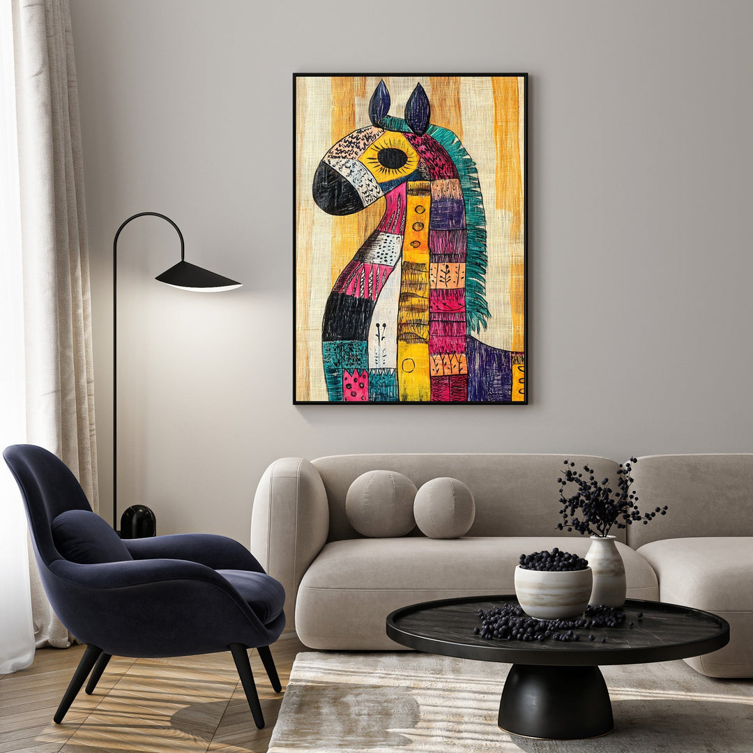 Wadi Home abstract horse wall art with colorful mosaic pattern, framed in black.