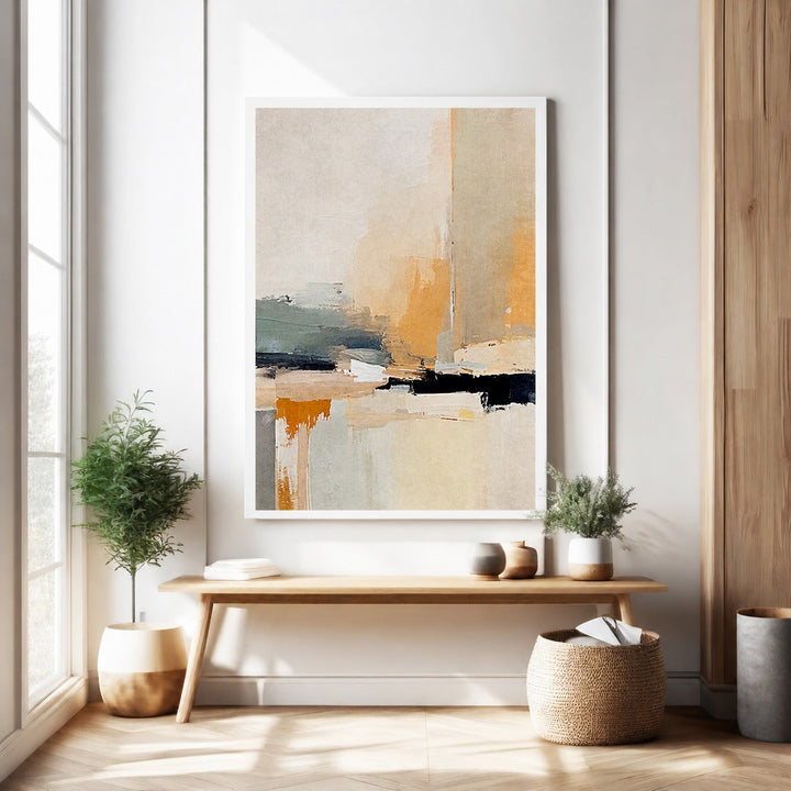 Wadi Home abstract landscape canvas art with ochre, grey, and cream tones. Textured brushstrokes add modern sophistication.