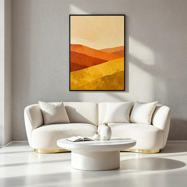 Wadi Home abstract landscape canvas art with ochre, burnt orange, and golden yellow rolling hills.