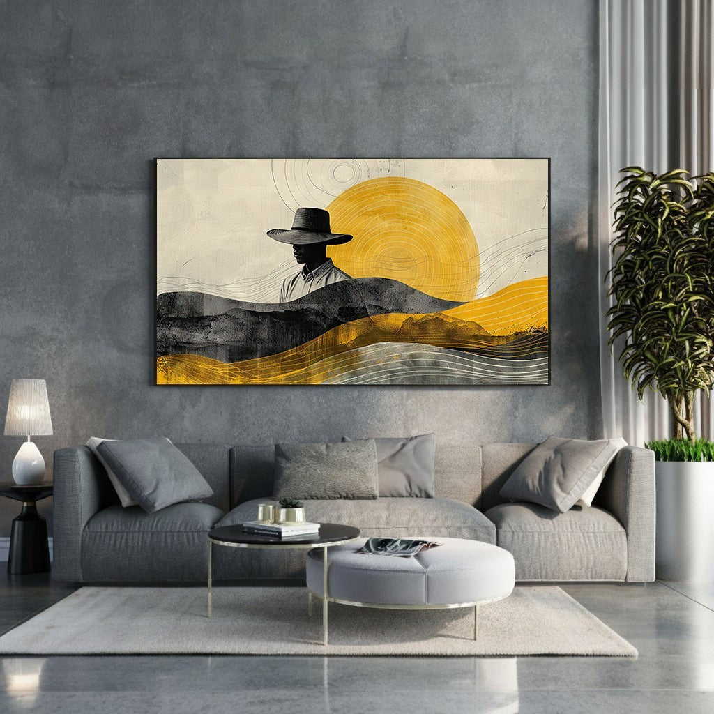 Wadi Home abstract landscape wall art with figure, ochre sun, charcoal hills, minimalist style.