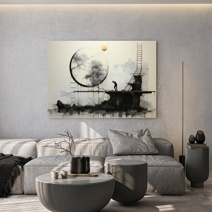 Wadi Home abstract landscape art with moon, tree, ladder, and solitary figure. Monochromatic with gold accents.