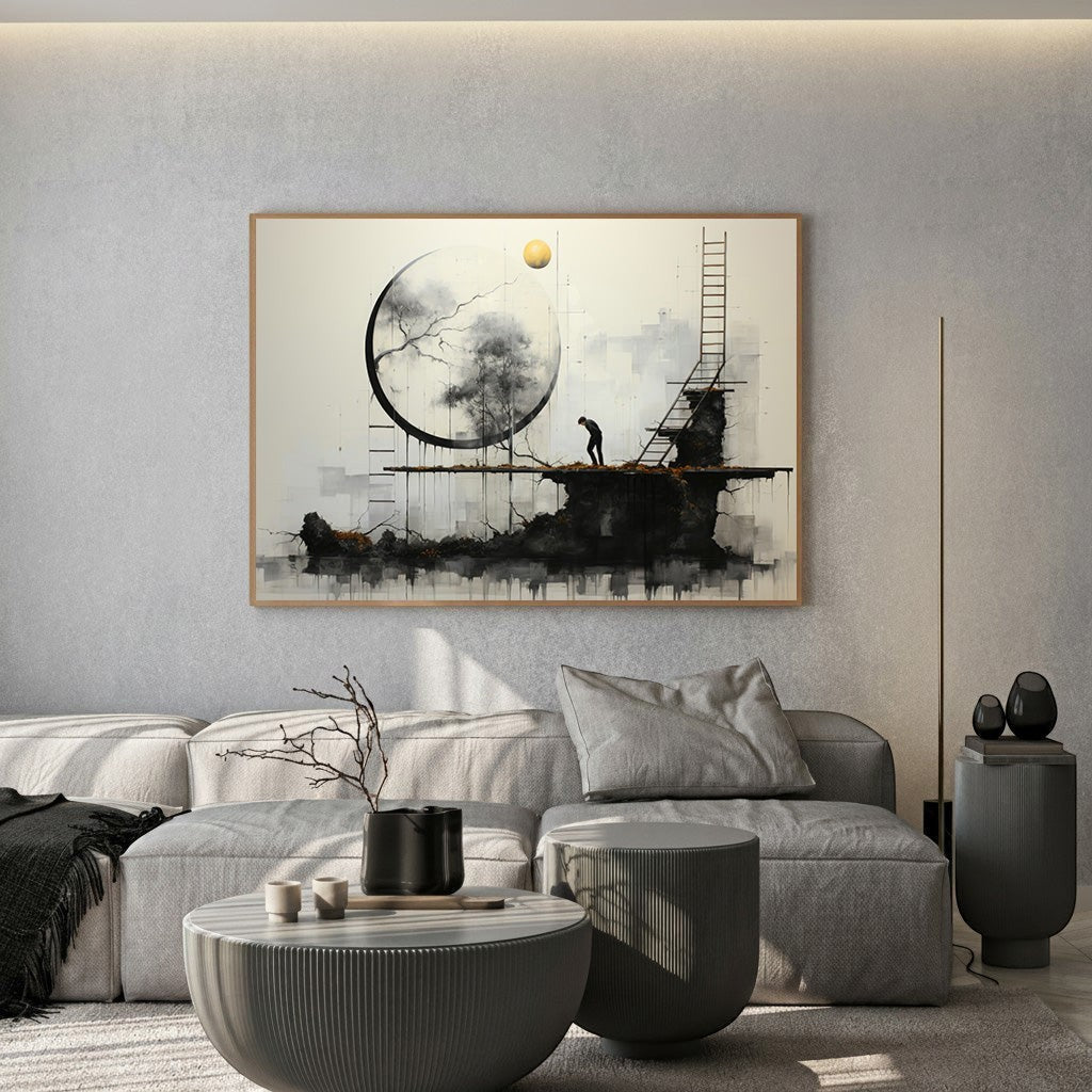 Wadi Home abstract landscape art with moon, tree, and figure on ladder in monochromatic palette with gold accents.