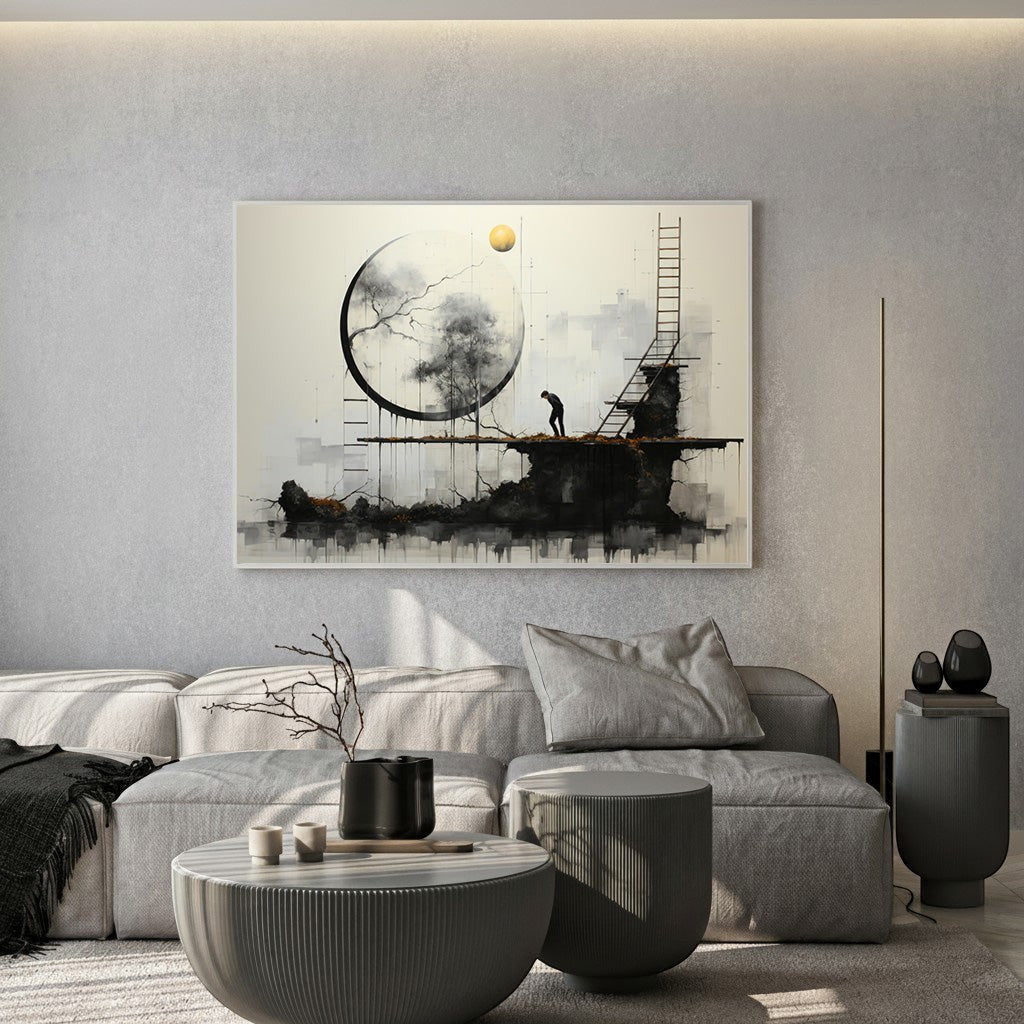 Wadi Home abstract landscape art with moon, tree, ladder, and solitary figure. Monochromatic with gold accents.