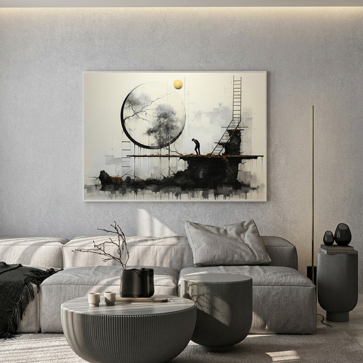 Wadi Home abstract landscape art with moon, tree, ladder, and solitary figure. Monochromatic with gold accents.