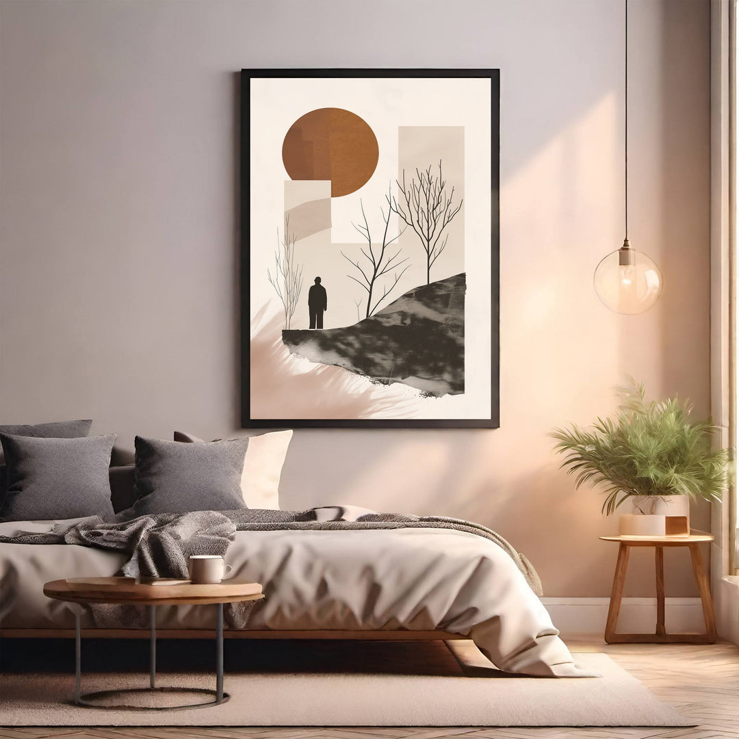 Wadi Home abstract landscape art with solitary figure, earthy tones, barren trees, and a large sun.