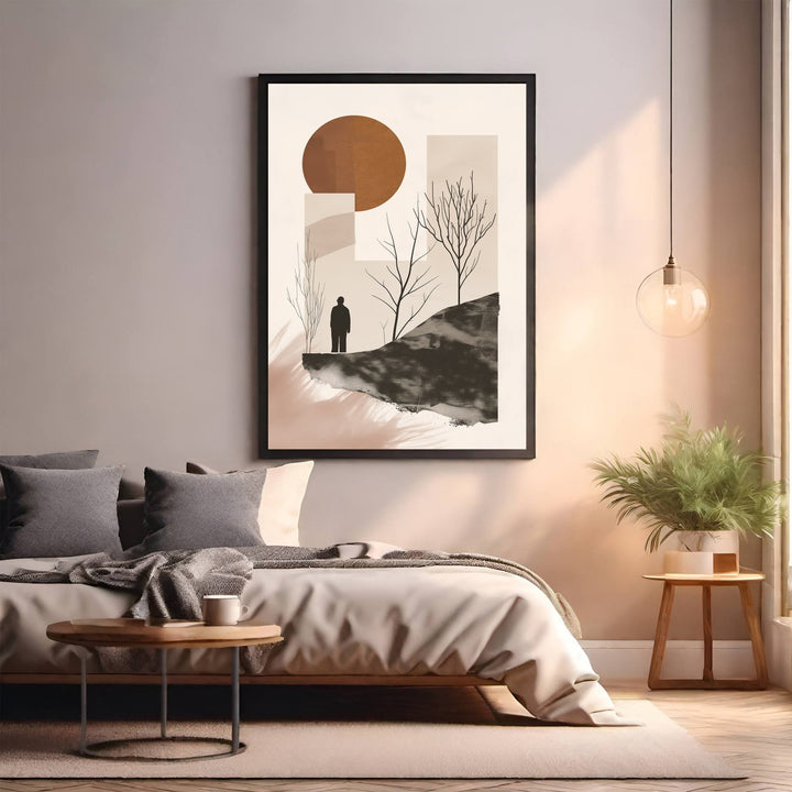 Wadi Home abstract landscape art with solitary figure, earthy tones, barren trees, and a large sun.