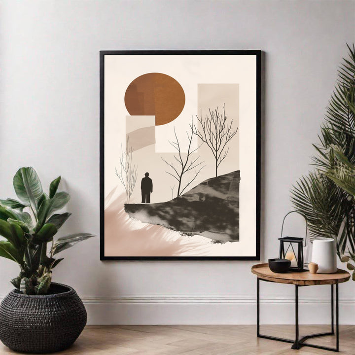 Wadi Home abstract landscape art with solitary figure, earthy tones, geometric shapes, and minimalist trees.