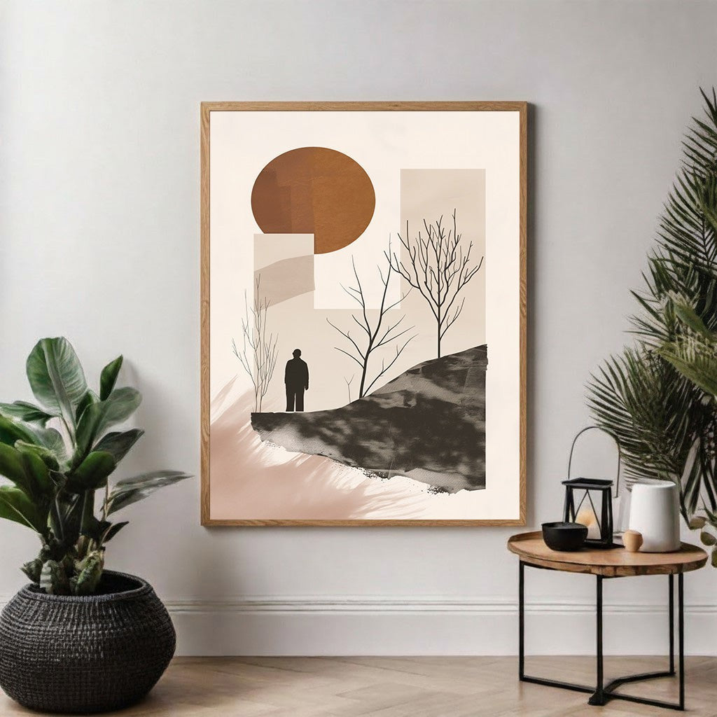 Wadi Home abstract landscape art with solitary figure, earthy tones, minimalist design, framed in wood.