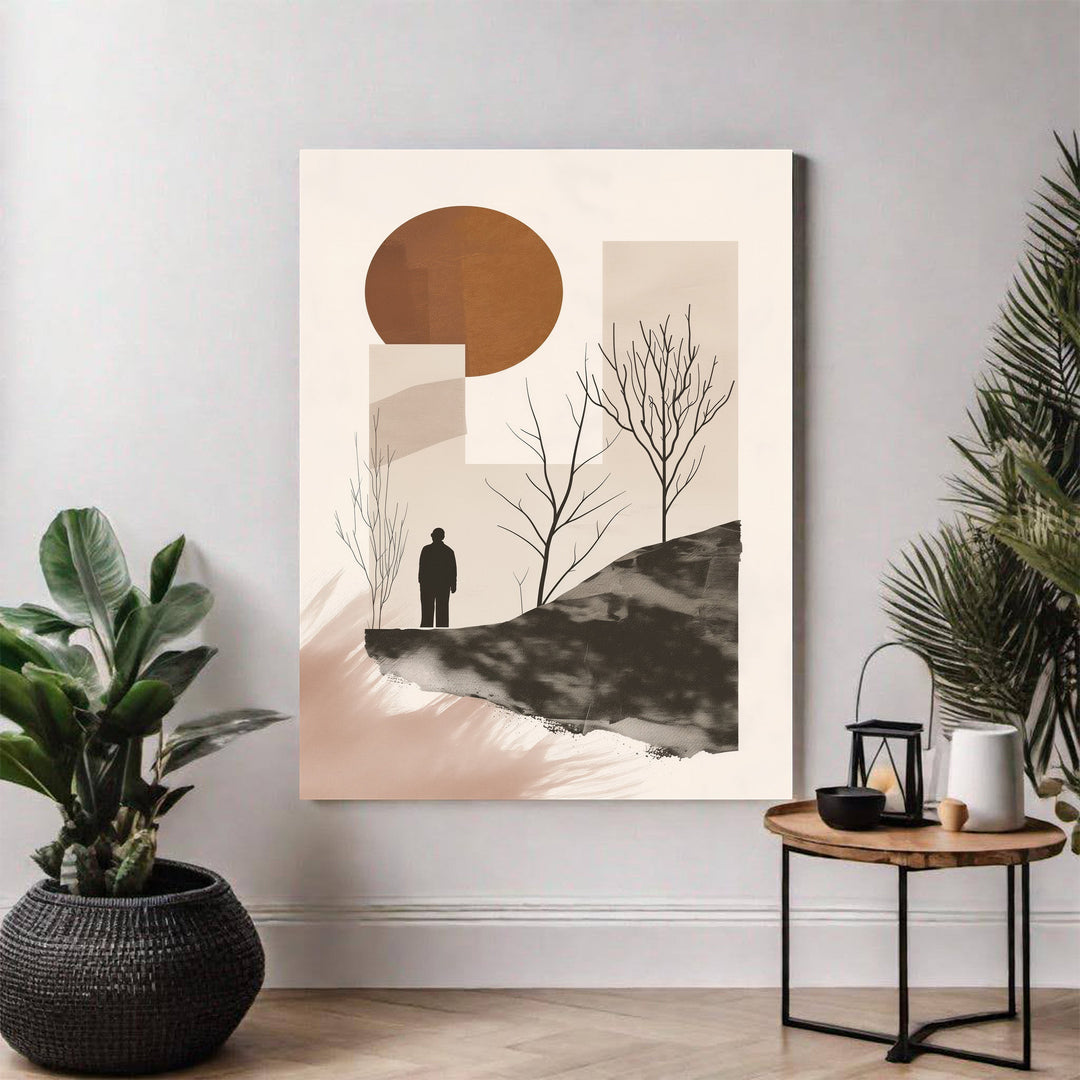 Wadi Home abstract landscape art with solitary figure, earthy tones, geometric shapes, and minimalist trees.