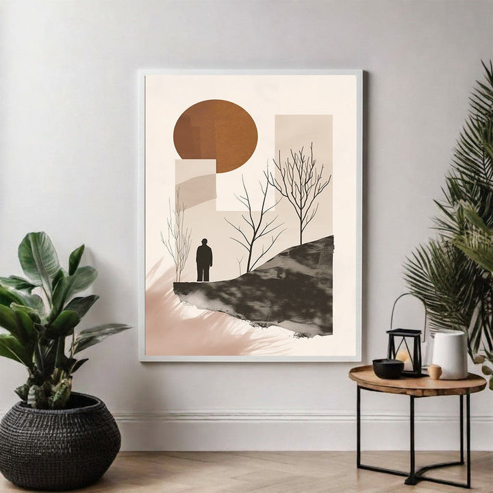 Wadi Home abstract landscape art with solitary figure, earthy tones, minimalist design, framed print.