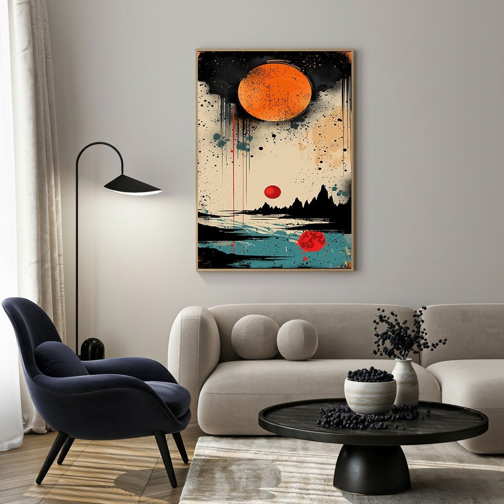 Wadi Home abstract landscape canvas print with orange sun, red sun, silhouetted mountains, and blue water.