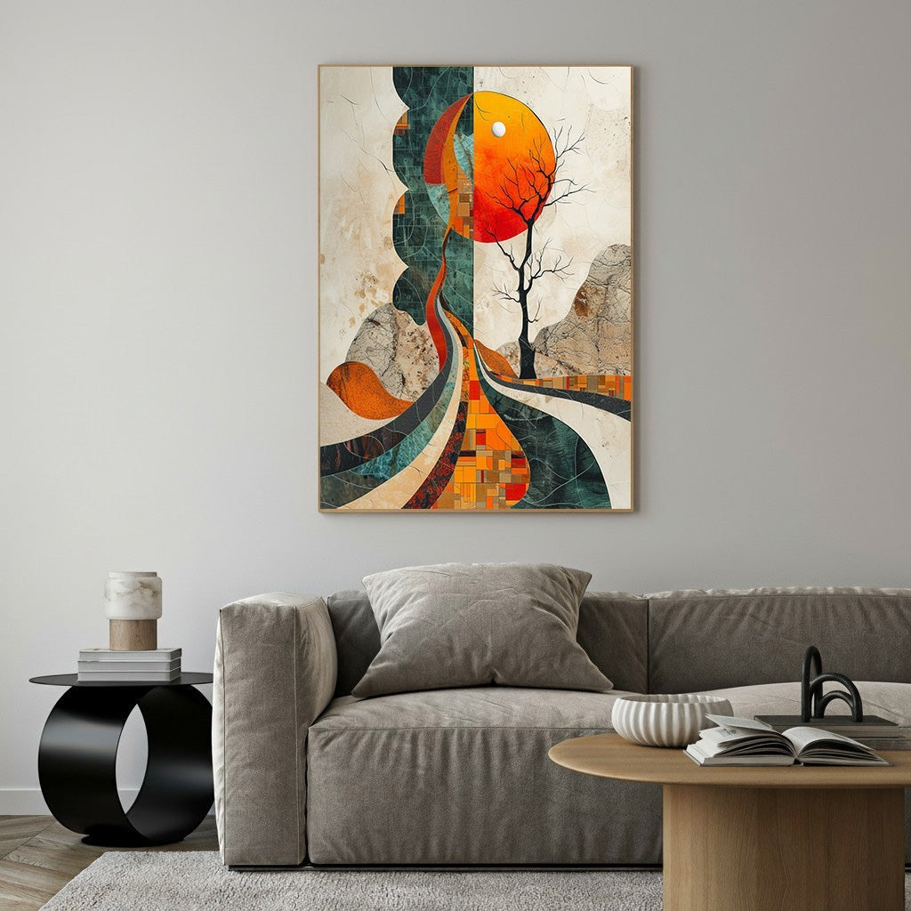Wadi Home abstract landscape wall art with vibrant sun, solitary tree, and geometric patterns in warm oranges, greens, and earthy tones.