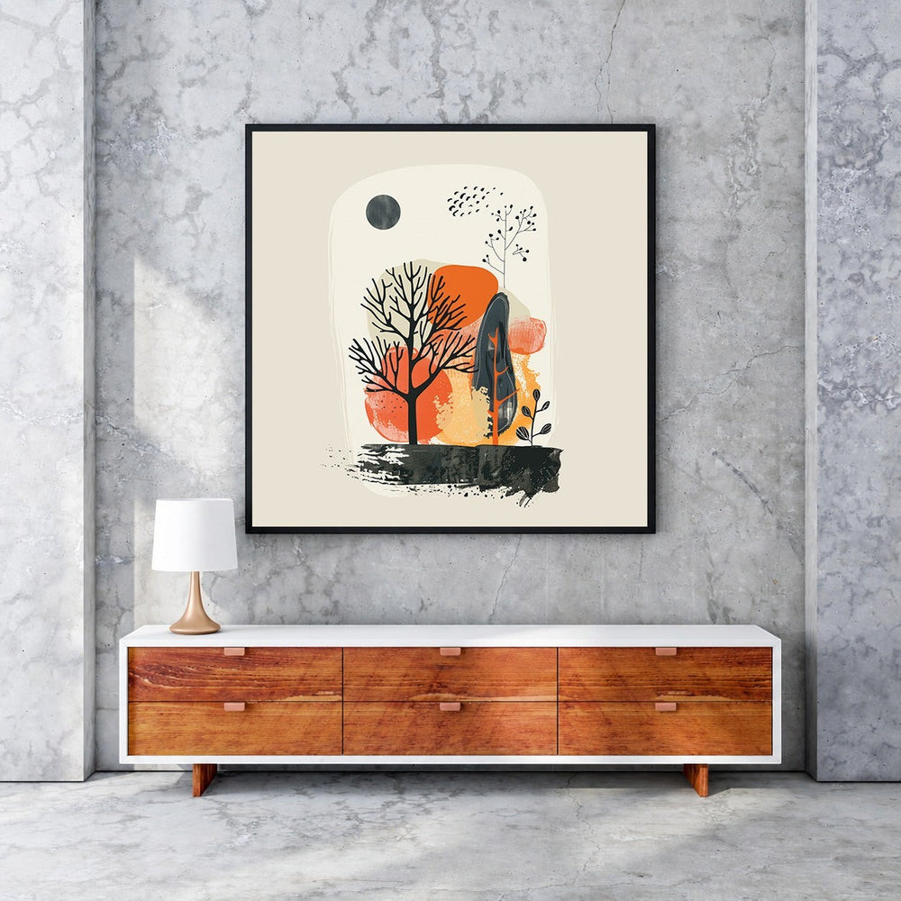 Wadi Home abstract landscape wall art with trees, moon, and earthy tones in a black frame.