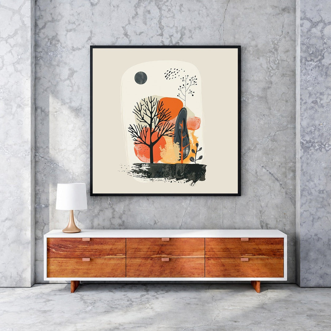 Wadi Home abstract landscape wall art with trees, moon, and earthy tones in a black frame.