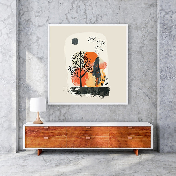Wadi Home abstract landscape wall art with minimalist trees, sun, and earthy tones in a white frame.