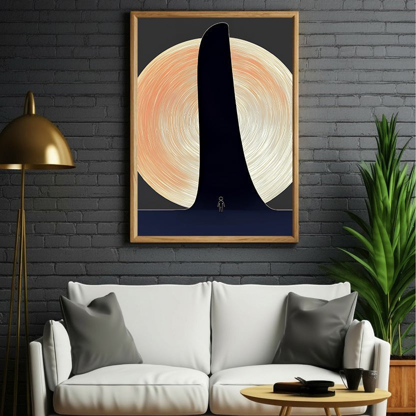 Wadi Home abstract minimalist landscape wall art with dark silhouette, peach and cream textured circle, and small figure.