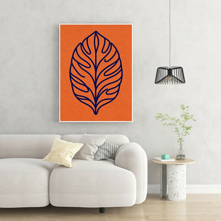 Wadi Home abstract navy blue leaf outline on textured orange background wall art.