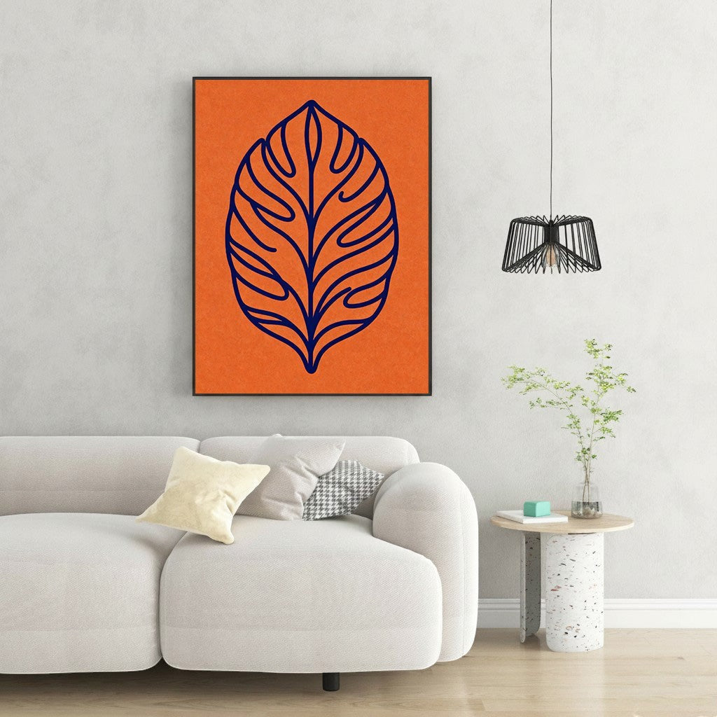 Wadi Home abstract navy blue leaf outline on textured orange background wall art.