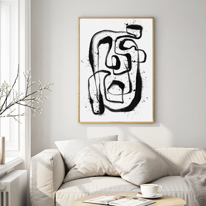 Wadi Home abstract line art canvas print with bold black brushstrokes and splatters on white background.