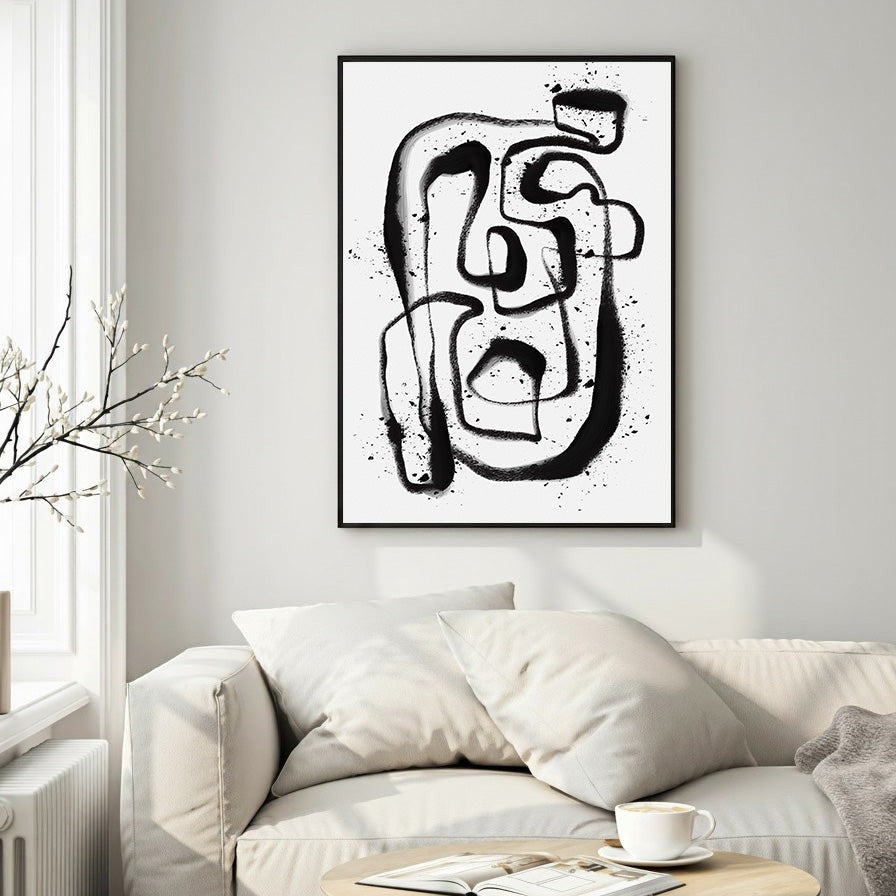 Wadi Home abstract line art canvas print with bold black brushstrokes and splatter effect on white background.