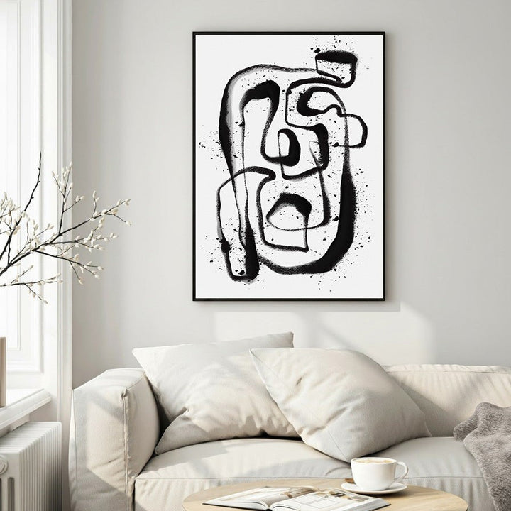 Wadi Home abstract line art canvas print with bold black brushstrokes and splatter effect on white background.