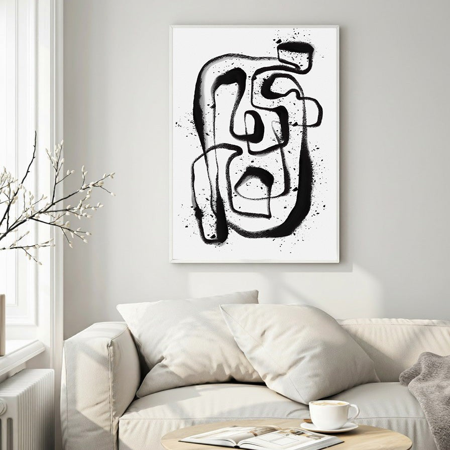 Wadi Home abstract line art canvas print with bold black brushstrokes and splatters on white background.