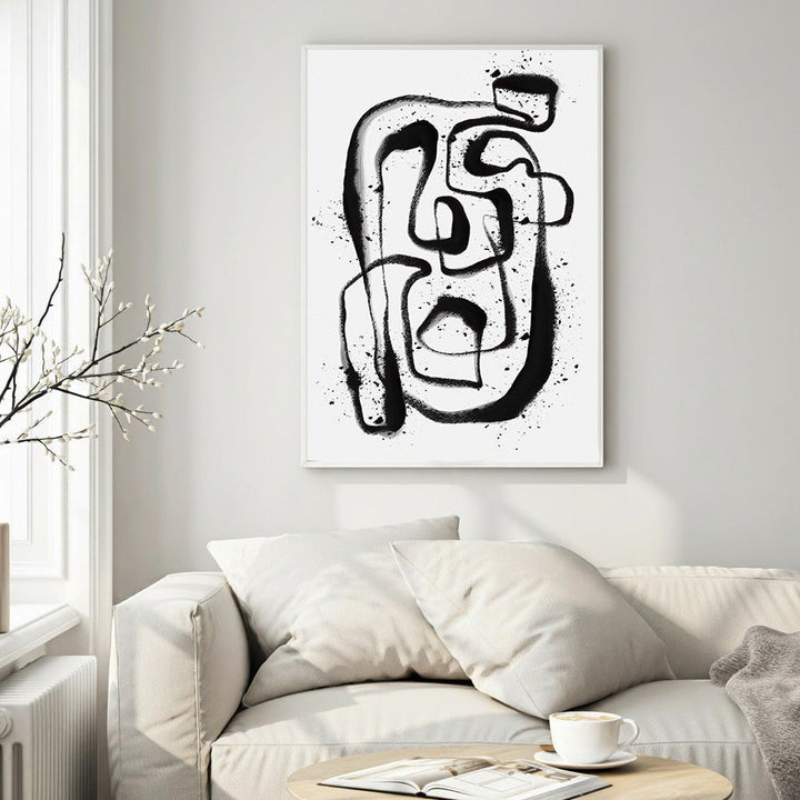 Wadi Home abstract line art canvas print with bold black brushstrokes and splatters on white background.