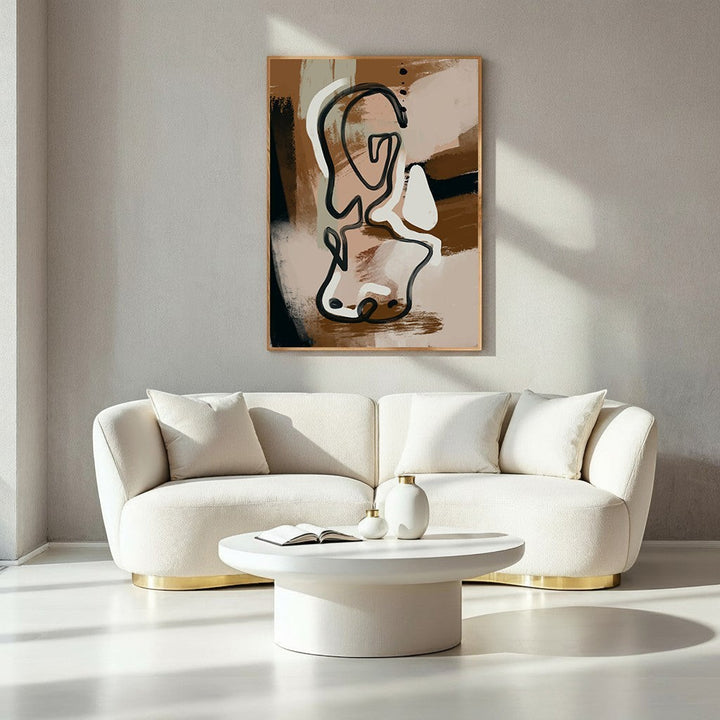 Wadi Home abstract line art canvas print with black lines on a warm brown and beige background, modern wall art.
