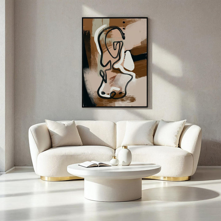 Wadi Home abstract line art canvas print with black lines on earthy brown and beige background, modern wall art.