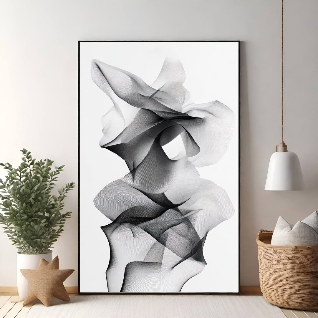 Wadi Home abstract monochrome line art print featuring flowing, interwoven lines creating depth and movement. Modern wall art.