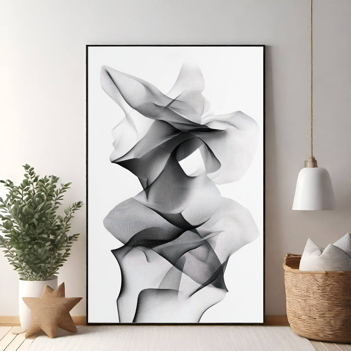 Wadi Home abstract monochrome line art print featuring flowing, interwoven lines creating depth and movement. Modern wall art.
