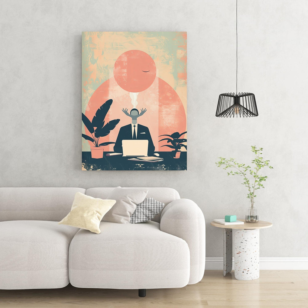 Wadi Home abstract wall art of a man in a suit at a desk with a laptop, surrounded by plants. Warm, muted colors.