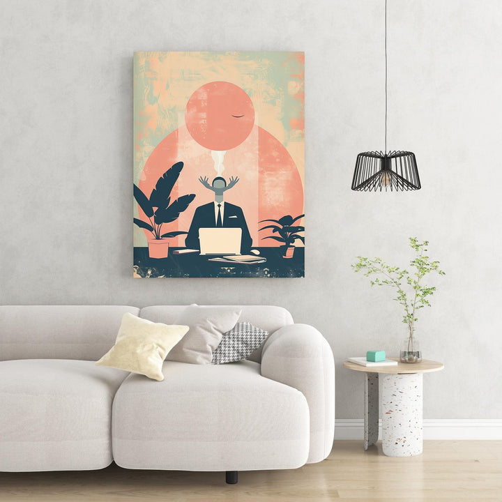Wadi Home abstract wall art of a man in a suit at a desk with a laptop, surrounded by plants. Warm, muted colors.