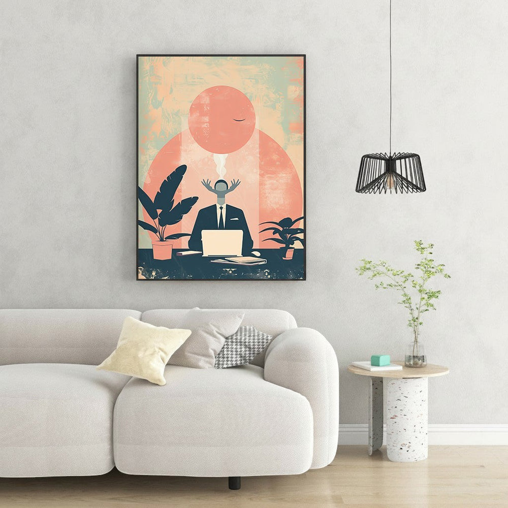 Wadi Home abstract wall art of a man in a suit at a desk with a laptop, surrounded by plants, in warm muted tones.