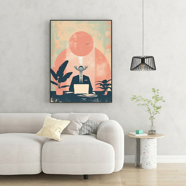Wadi Home abstract wall art of a man in a suit at a desk with a laptop, surrounded by plants, in warm muted tones.