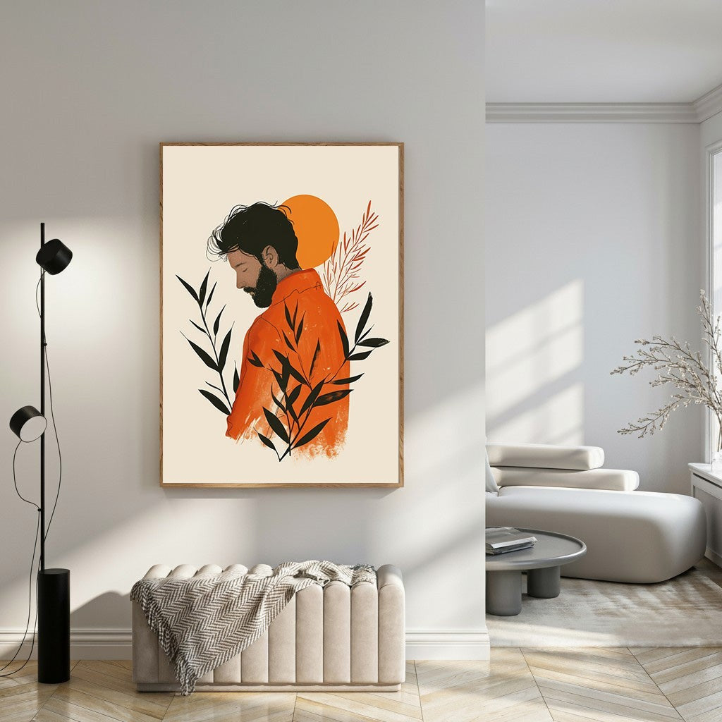 Wadi Home abstract wall art of a man in an orange shirt with black foliage and an orange sun.