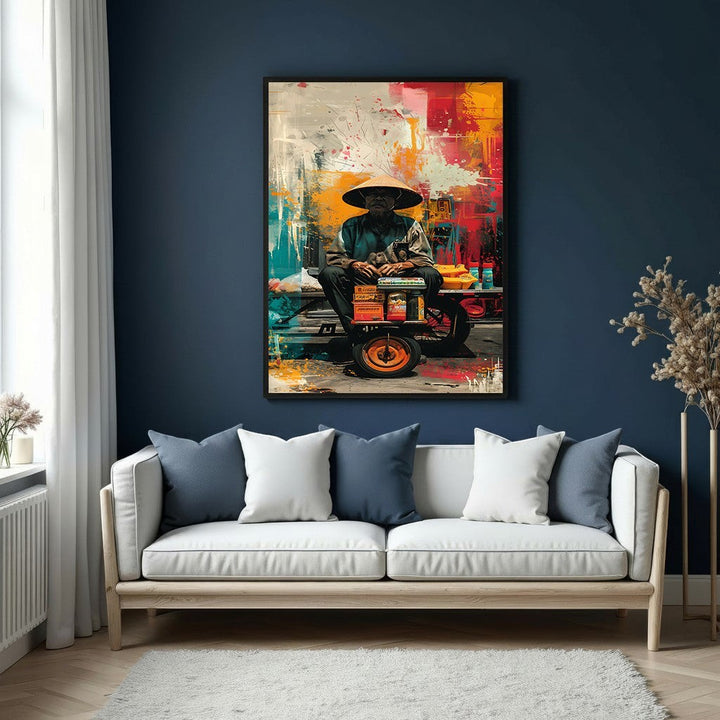 Wadi Home abstract canvas print of a man in a conical hat, with a vibrant red, yellow, and blue background.