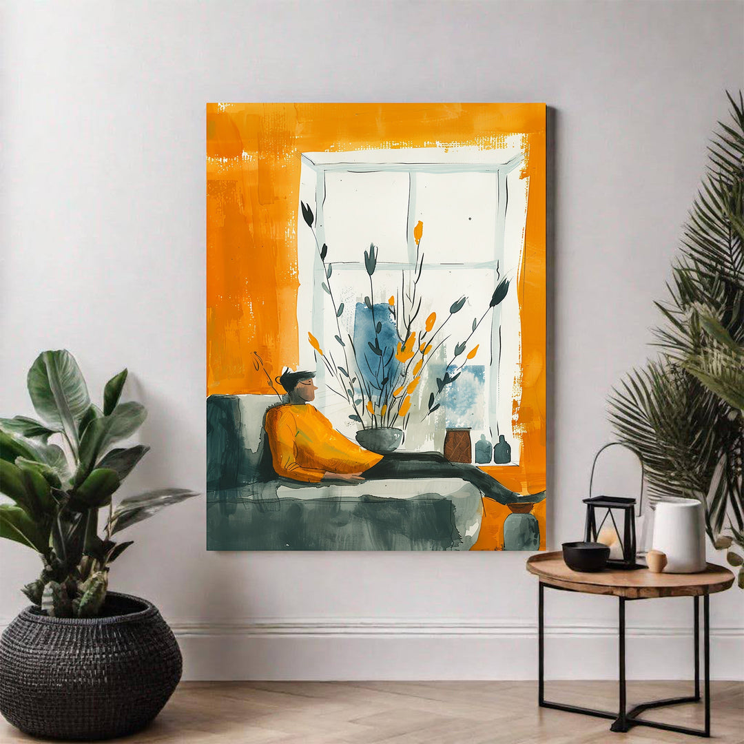 Wadi Home abstract wall art of a person in a yellow sweater relaxing on a sofa, with a window and plants. Orange, blue, and grey tones.