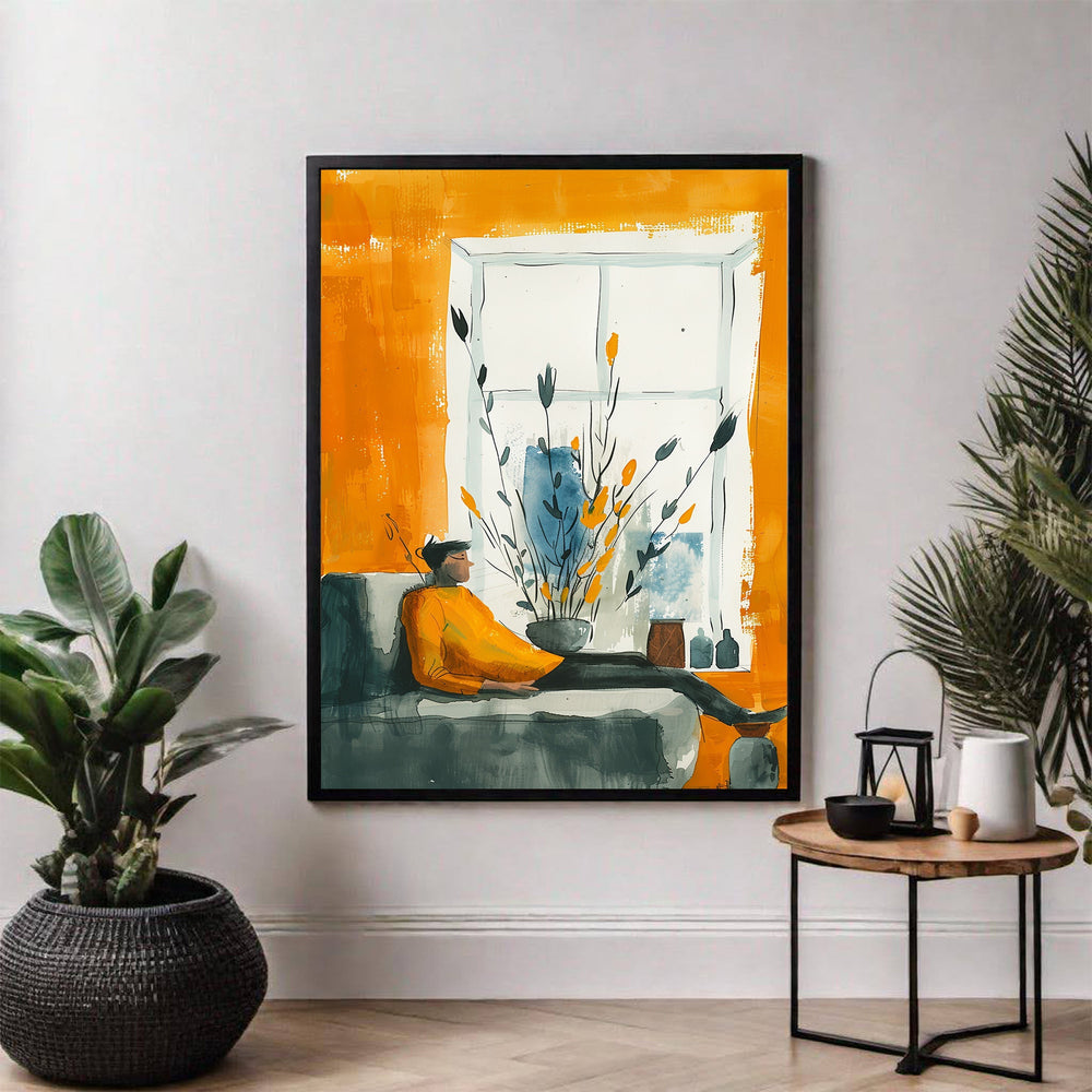 Wadi Home abstract wall art print of a man in an orange shirt relaxing on a sofa, with a window and plants. Orange, blue, and grey tones.