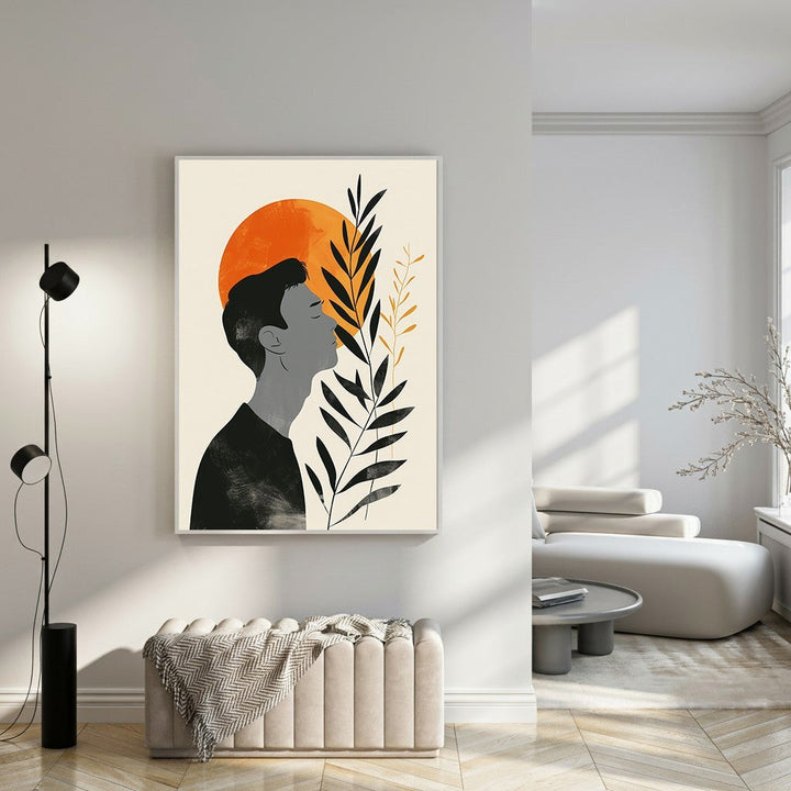Wadi Home abstract wall art featuring a man's profile against a vibrant orange sun and dark leaves.