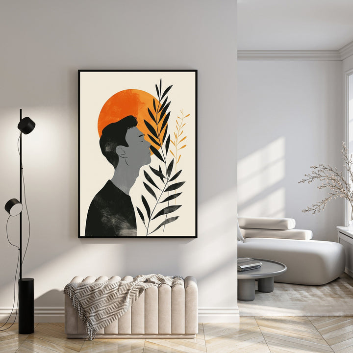 Wadi Home abstract wall art featuring a man in profile against a large orange sun and dark leaves. Modern minimalist design.