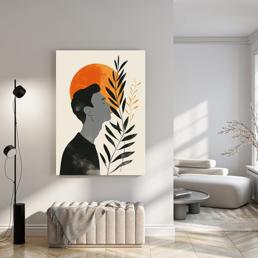 Wadi Home abstract wall art: man profile with orange sun and black leaves, modern minimalist canvas print.