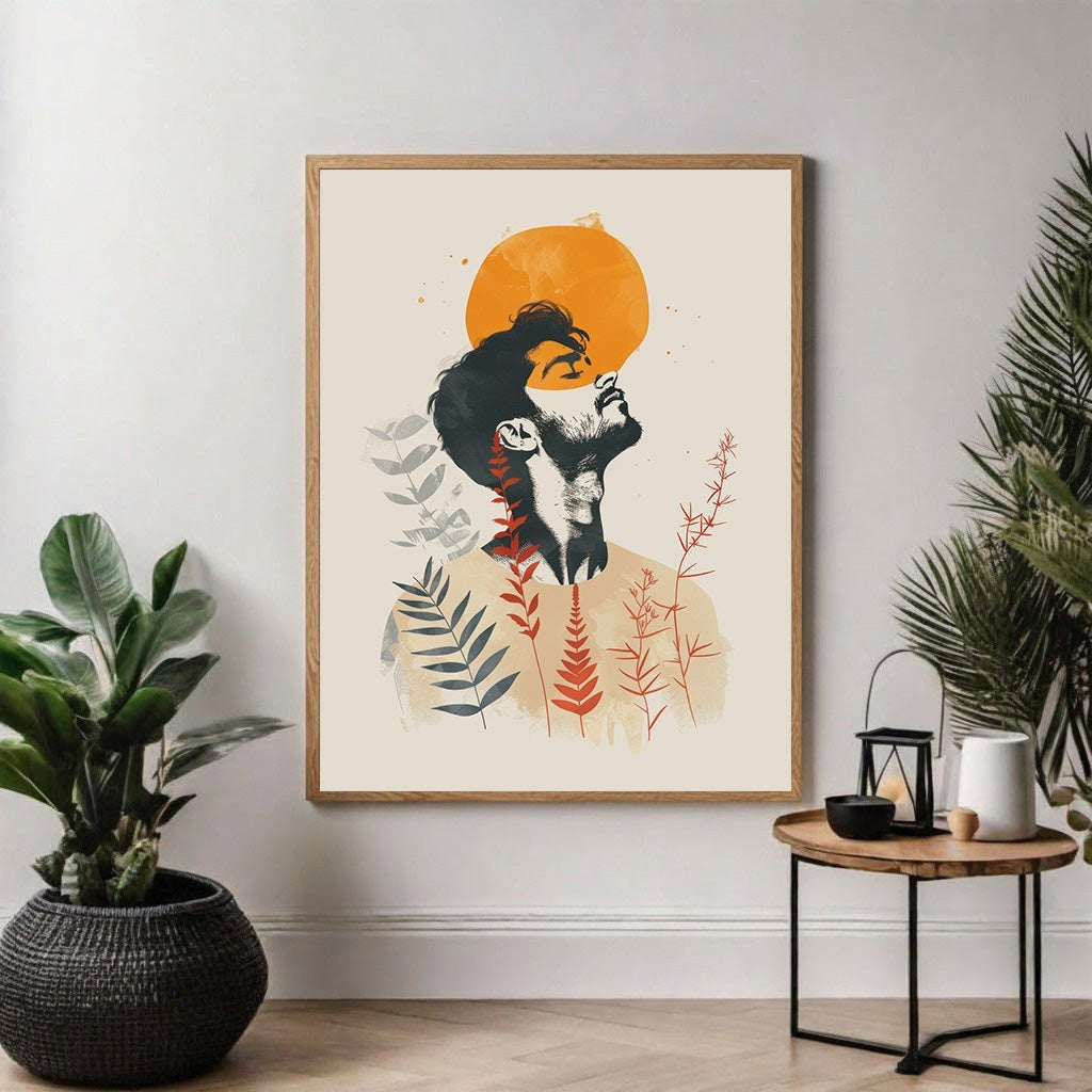 Wadi Home abstract man with sun wall art, featuring a man looking up at an orange sun with botanical elements in earthy tones.