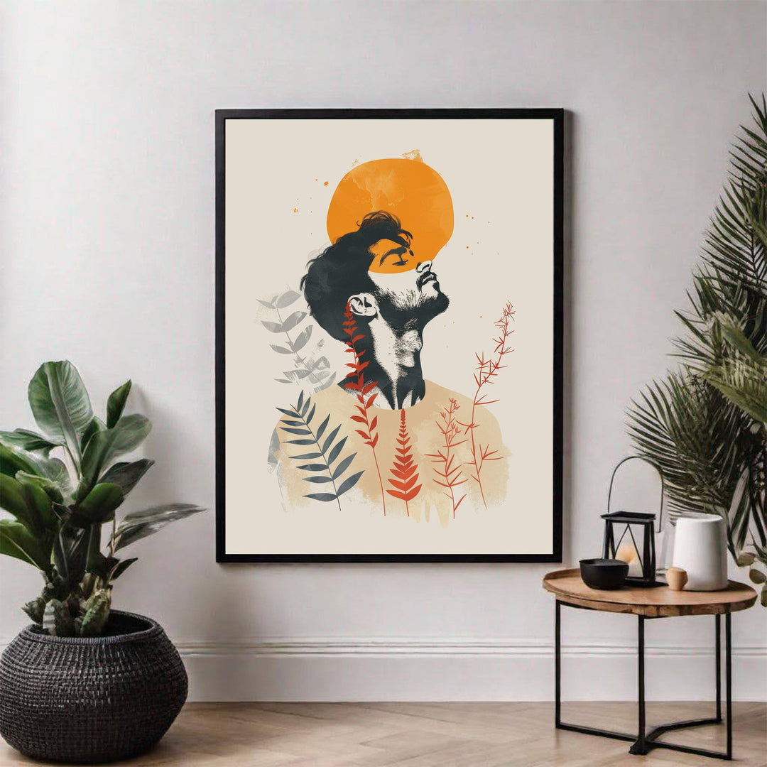 Wadi Home abstract wall art of a man looking up at a sun, with botanical elements in earthy tones.
