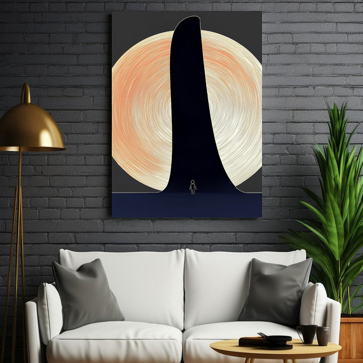 Wadi Home abstract minimalist wall art with dark silhouette against peach and cream textured circle, small figure.