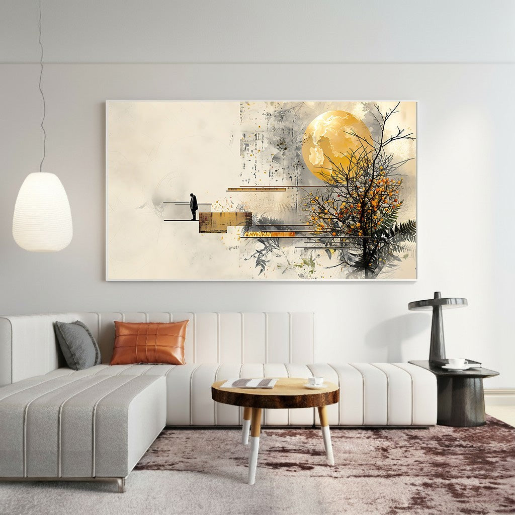 Wadi Home abstract canvas print featuring a yellow moon, bare tree, and solitary figure on steps. Muted earthy tones.