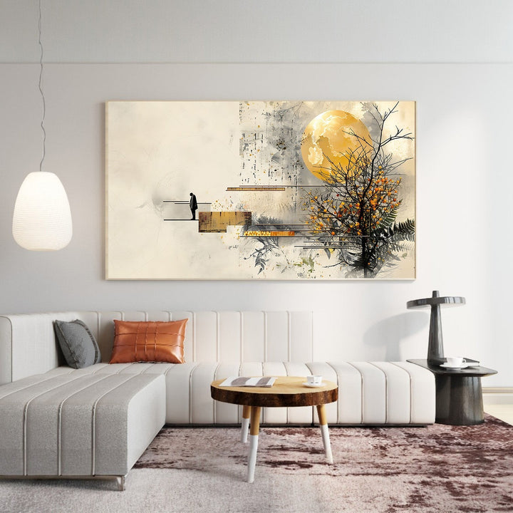 Wadi Home abstract canvas print featuring a yellow moon, bare tree, and solitary figure on steps. Muted earthy tones.